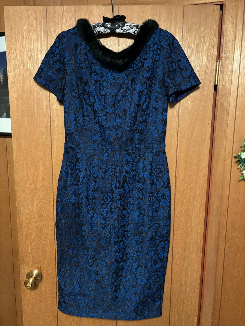 Tatyana Blue Lace Pencil Dress with Black Fur Trim